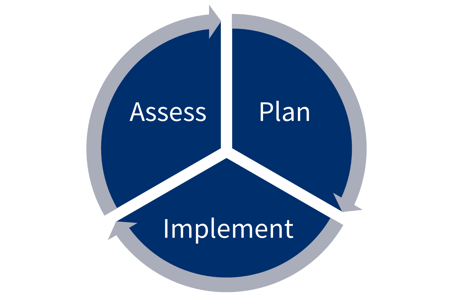 Circular diagram showing stages labeled Assess, Plan, Implement with arrows indicating a cycle