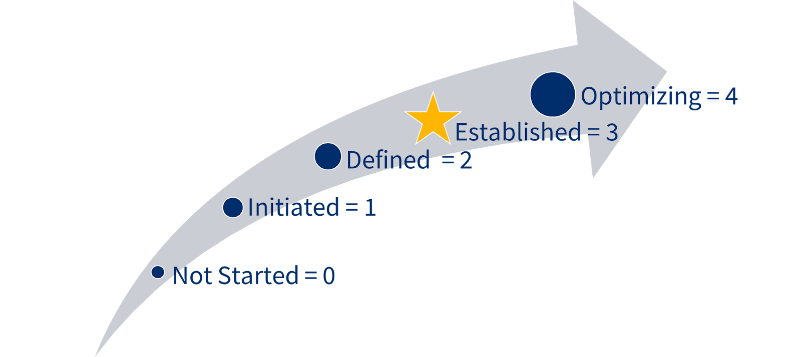 A curved arrow diagram showing status levels from 0 to 4. The stages are: 'Not Started = 0', 'Initiated = 1', 'Defined = 2', 'Established = 3' (marked with a gold star), and 'Optimizing = 4'. 